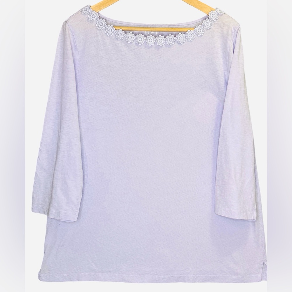 LOFT Lavender 3/4 Sleeve Cotton Tee Floral Lace Embelishments XXL